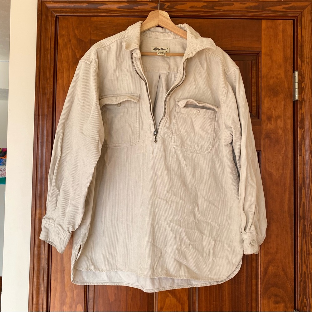 Euc Vintage Eddie Bauer L corduroy flannel quarterzip cream white vtg